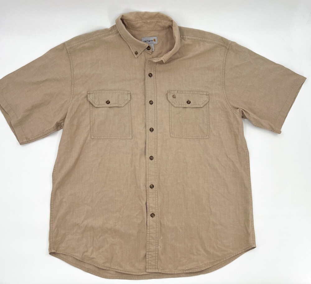 Carhartt Shirt Men XL Extra Large Tan Button up Short Sleeve collared Pocket